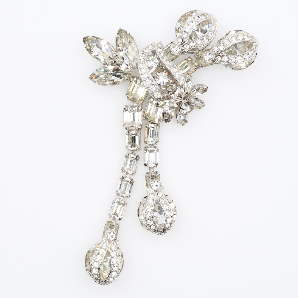 Vintage Eisenberg Ice Dazzling‎ Rhinestone Floral Spray Dangle Brooch Pin 1950s